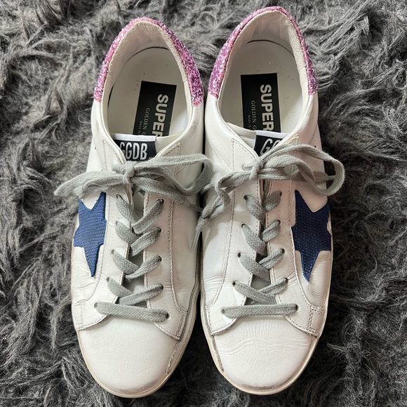 Golden Goose White Superstar Sneakers with Blue Star and Glittery Heel Tab - Picture 2 of 5